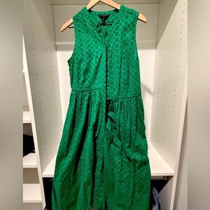 J.Crew Kelly Green Midi Dress - Button Front with Embroidered Details w/ Pockets